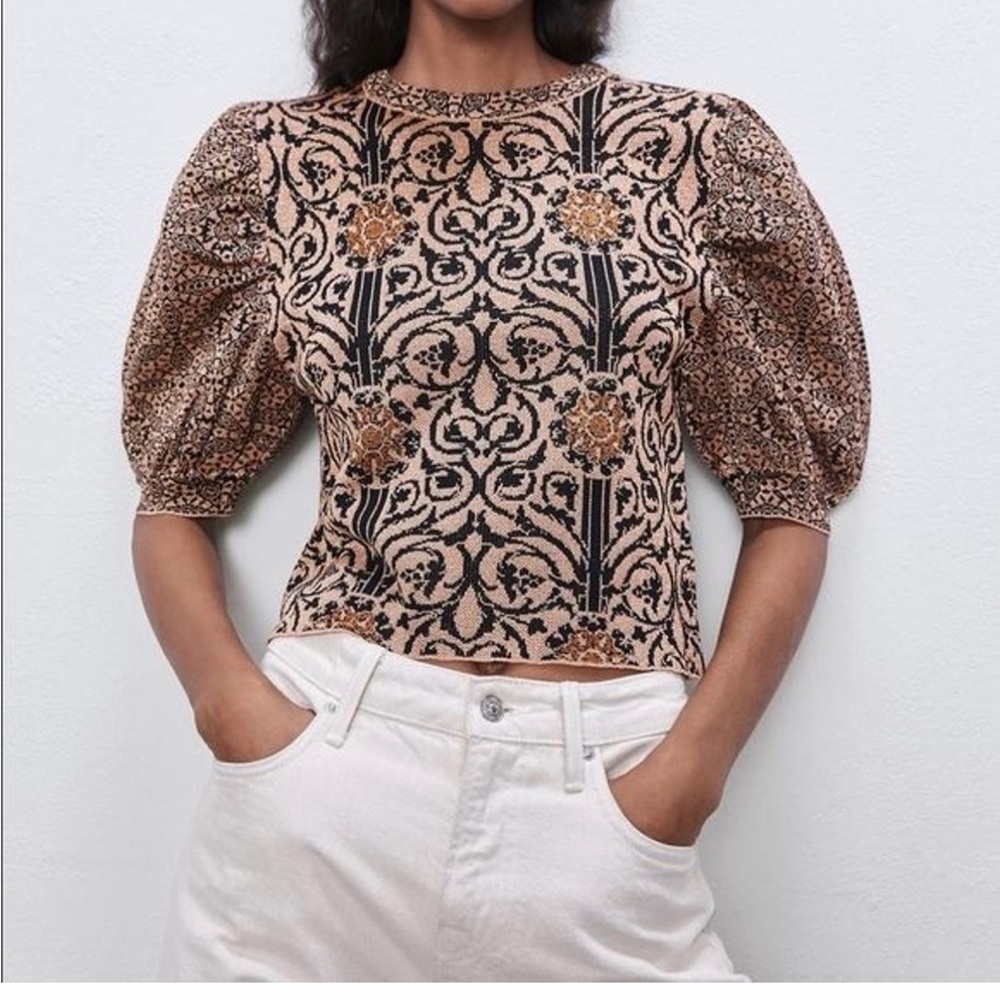Zara Women's Jacquard Puff Sleeve Top - Black and Brown